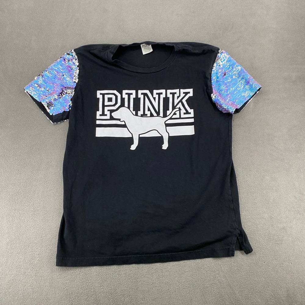 PINK Victorias Secret Black Sequin Sleeve Dog Logo T-Shirt Small